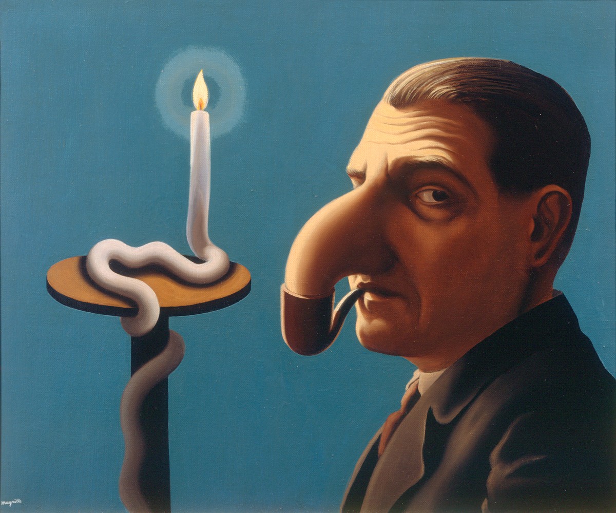 René Magritte painting of a man with a pipe beside a candle