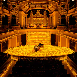 Grand hall lined with candles, with a piano and musician at the centre of the stage