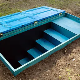 A bright blue wooden door lying open above stairs set into the ground