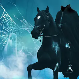 A cloaked rider on a black horse moves through blue mist, beside a ghost and a spiderweb