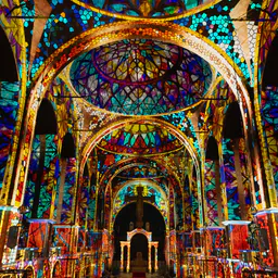 Cathedral interior covered in coloured light, with a rose window above the altar cross
