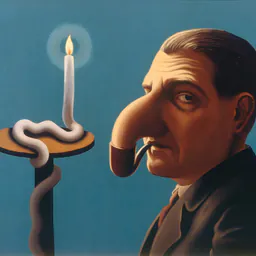 Painted profile with a long nose and a pipe, facing a candle whose wax twists down the stand