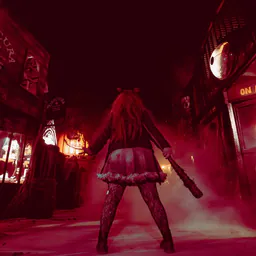 A figure holding a bat in a red-lit haunted street