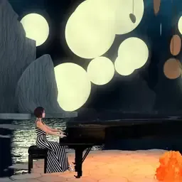 A pianist in a striped dress plays a grand piano among glowing spheres and flame