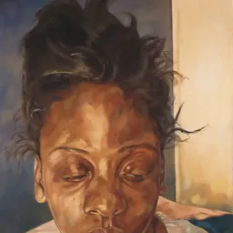 Painted portrait of a person with closed eyes and a white sweater