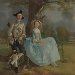 Thomas Gainsborough's painting of a couple in eighteenth-century dress beneath a tree, with a dog and a harvested field